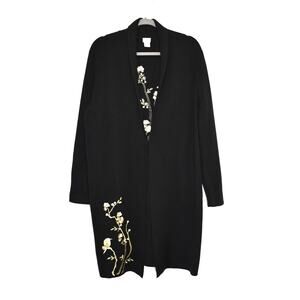 Chico's Cardigan Sweater Size 4 XXL Long Knit Black Gold Embroidery Floral Boho